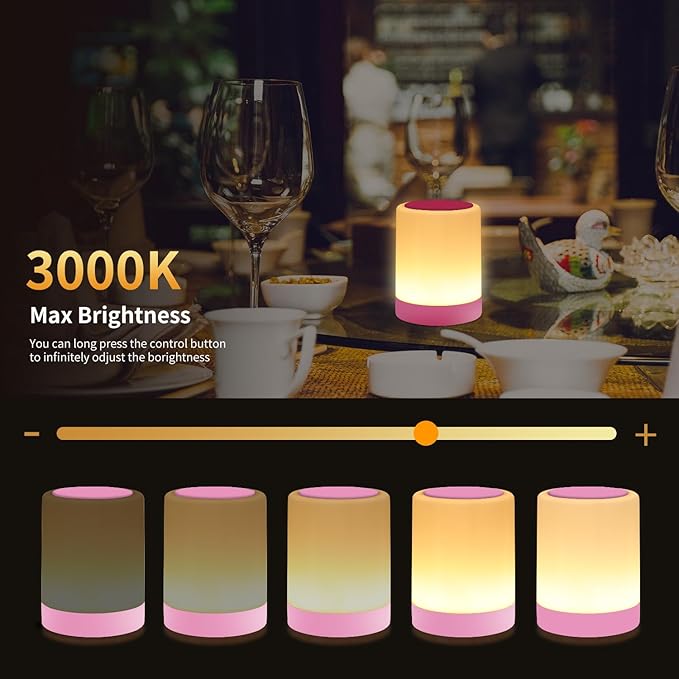 OORUN Touch Bedside Table Lamp,13 RGB Colors & 5 Brightness, USB Rechargeable Desk Lamp, Remote Control Dimmable Night Light with RGB Color Changing,Portable Lamp for Baby, Bedroom, Living Room (Pink)