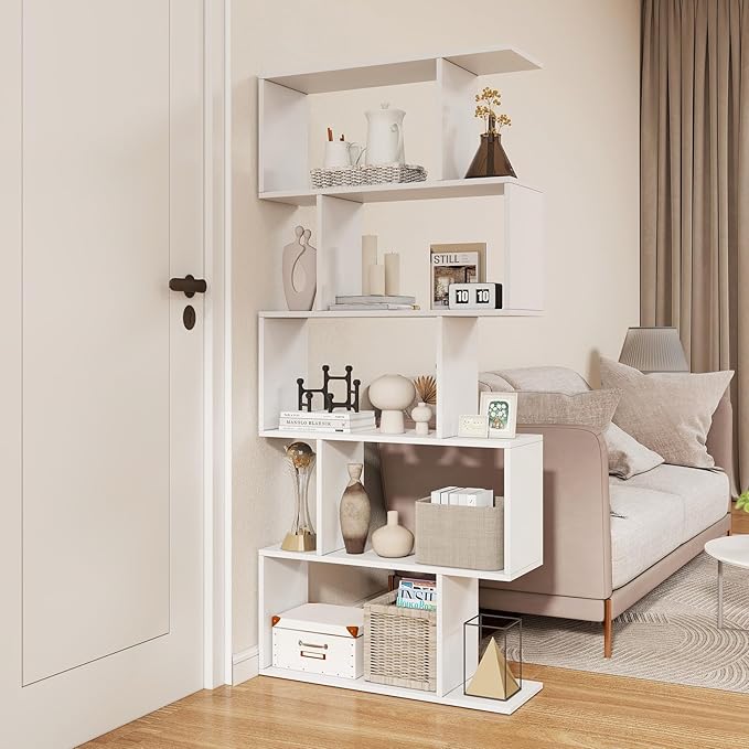 5 Tier Geometric Bookcase, S Shaped Bookshelf, Modern Decorative Storage Shelving, Wooden Room Divider Bookcase, 62.5" Tall Staggered Display Book Shelf for Living Room (1, White)
