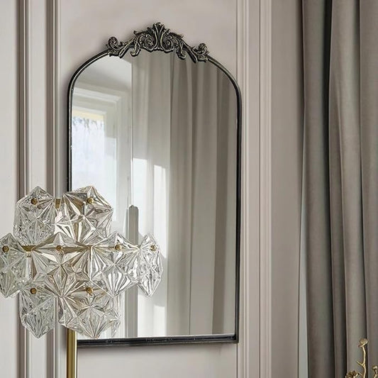 Black Ornate Mirror for Wall, Traditional Vintage Ornate Baroque Mirrors,Victorian Antique Bronze Full Matel Frame,Arched Mirror for Entryway/Bathroom/Fireplace 24"X36"