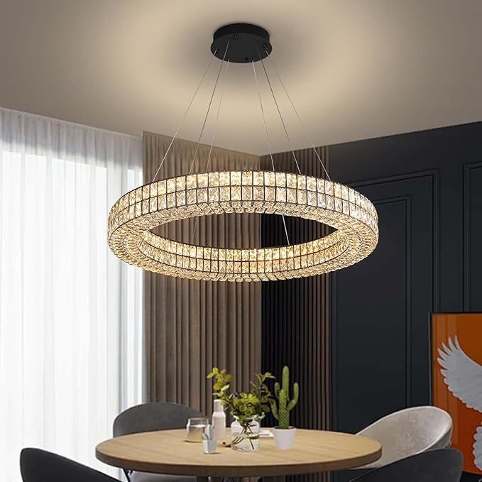 47.5 inch Large Black Chandelier Round Crystal Chandelier Light for High Ceiling Ring Pendant Hanging Ceiling Light Led Dimmable 2700k-6000k
