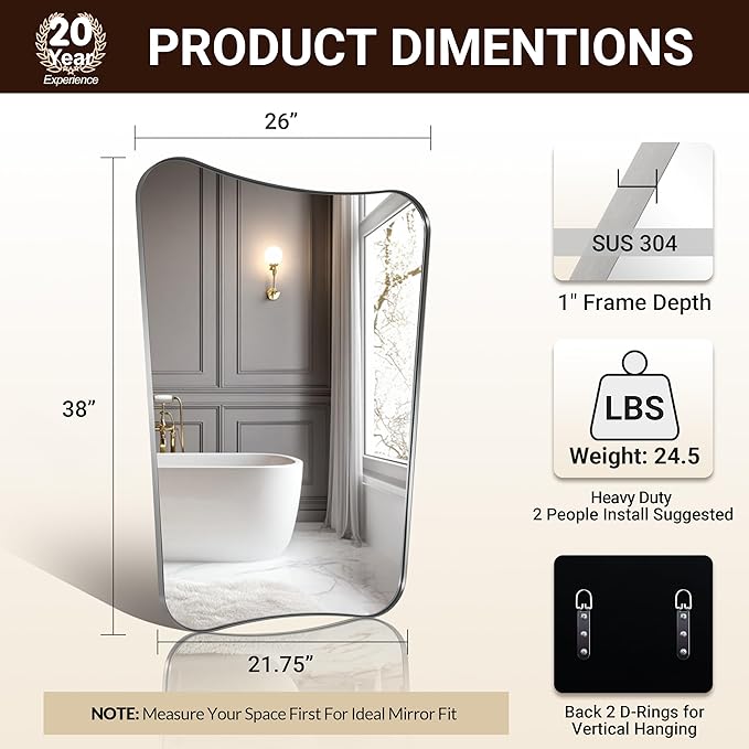 ANDY STAR Asymmetrical Wall Mirror 26”x38”, Brushed Nickel Bathroom Mirror for Wall, Modern Designer Mirror with Butterfly Shape Design Decorative for Bathroom, Entryway, Mantle