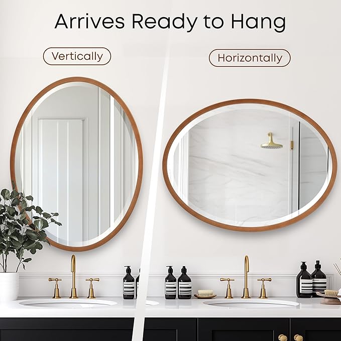 OVALCREST - Oval Wooden Beveled Wall Mirror for Home Decor, Bathroom, Vanity, Bedroom, Living Room, Hallway - London Style (Sunset Gold) 21.1 x 17.1