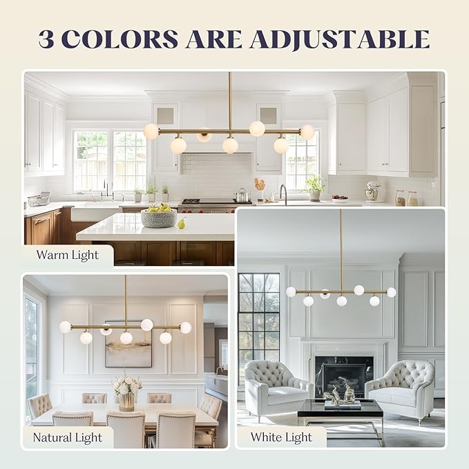 Mid Century Chandelier, Gold Brass Sputnik Pendant Light with White Glass Lampshade,7 Lights Globe Rectangle Linear Chandeliers for Dining Room Kitchen L43.3INxW11.8IN