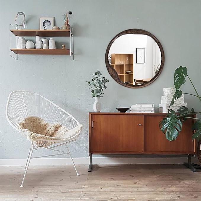 AOAOPQ Round Mirror with Wood Frame 24 inch Circle Wall Mirror for Bathroom Round Wall Mirror for Wall Decor, Vanity, Entryway Living Room Rustic Brown