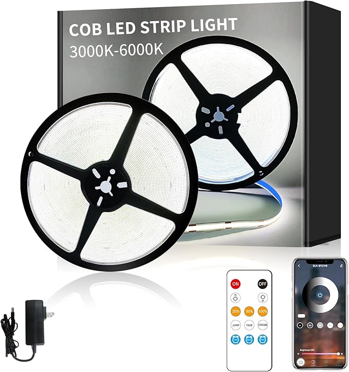 50FT COB LED Strip Lights DC 24V Dimmable 6000K White Flexible LED Tape Light for Bedroom, with Remote and app Control LED Tape Lights CRI90+,for DIY Home Decoration
