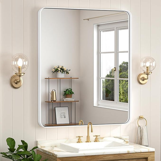 Keonjinn White Bathroom Mirrors for Over Sink, 30 x 36 Inch Metal Framed Bathroom Mirror for Wall, Rounded Rectangle Matte White Mirror with HD Tempered Glass, Hangs Horizontally or Vertically