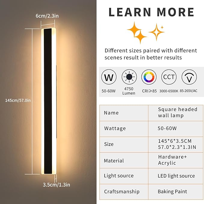 Modern 57inch Outdoor Wall Light, 3000k/4500k/6000k 3 Color Change Black Exterior Light Fixtures Wall Mount, Ip65 Waterproof Modern Porch Lights, Long Linear Outside Lighting Hard-Wired Non-Dimmable