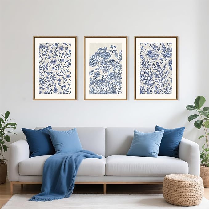 Large Classic Chinoiserie Flower Framed Canvas Wall Art Set,Minimalist Blue and White Floral Wall Decor,Navy Watercolor Botanical Blossom Artwork for Living Room,Bedroom-24 x36 x3