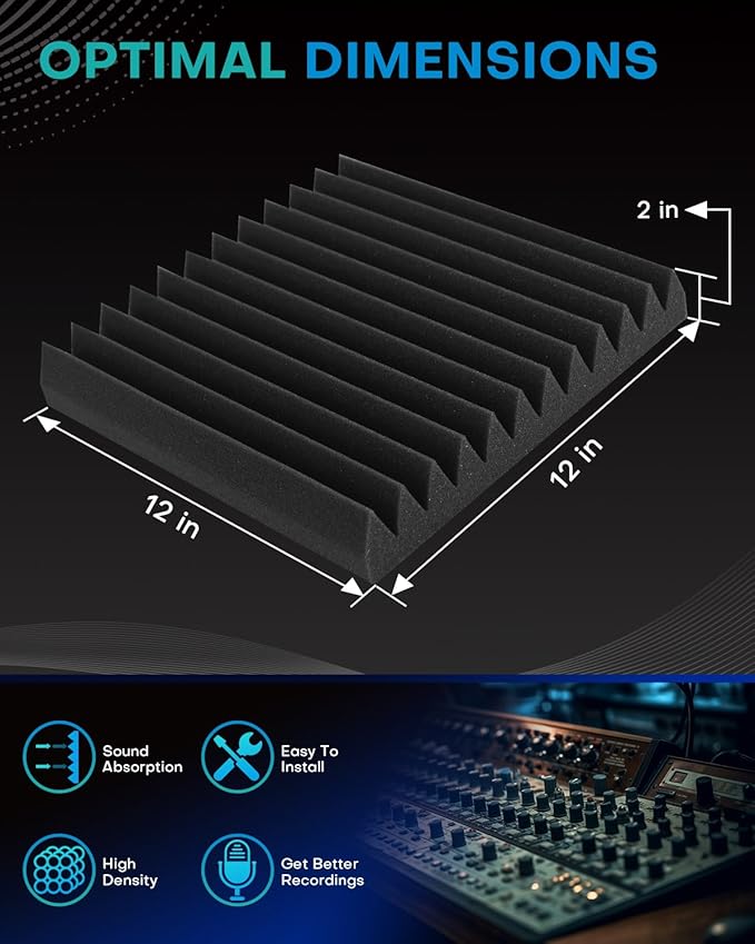 24 Pack Sound Proof Foam Panels for Walls with Self Adhesive, 12x12x2 Acoustic Foam Panels, High Density Acoustic Panels Sound Absorbing, Fire Resistant Studio Sound Proofing Black