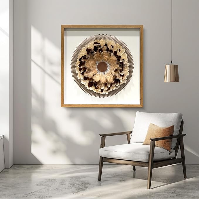 BrightA Handmade Bohemian Wall Art Circular Feather and Leather Wall Sculpture with Organic Textured Gray Backdrop Boho Decor for Living Room Study Spaces 31.5"x31.5"