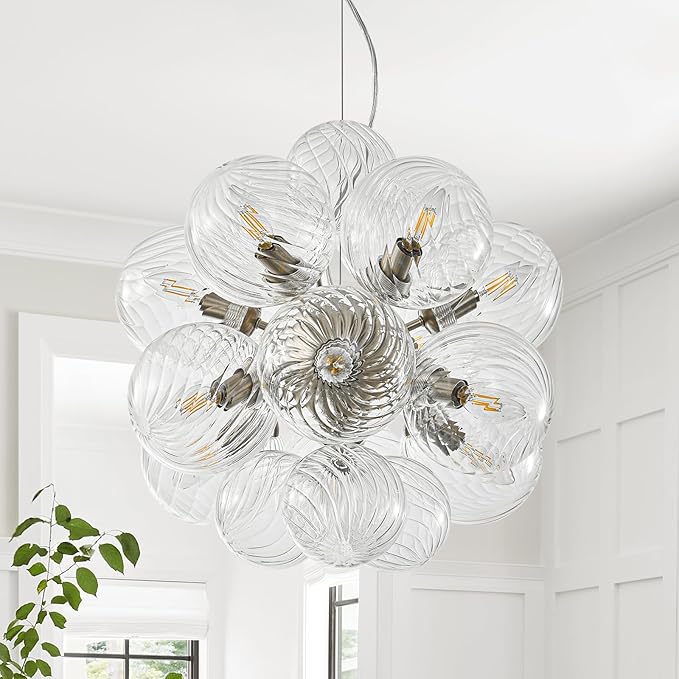 Modern Nickel Glass Bubble Chandelier: 18.5" Nordic Swirled Glass Bubble Light Chandelier - Globe Ball Dining Room Light Fixture Chandeliers for Entryway Foyer Bedroom Bathroom Kitchen Living Room