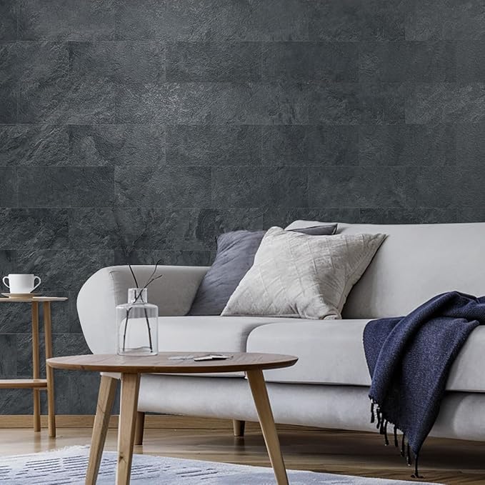 AULIGET 2-Piece Black Slate Peel and Stick Backsplash Wall Tiles, 6" x 12" PVC Faux Stone Stick on Tiles for Backsplash Kitchen, Bathroom, Laundry Room, Camper, Fireplace