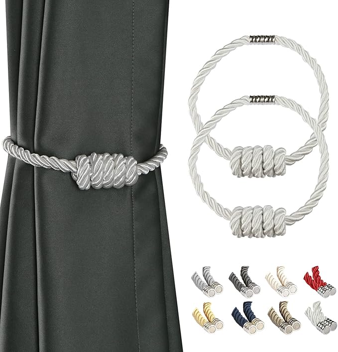 BEL AVENIR Magnetic Curtain Tiebacks, Decorative Drapery Holdbacks Modern Woven Tie-Backs with Exquisite Knot (White, 2 Pack)