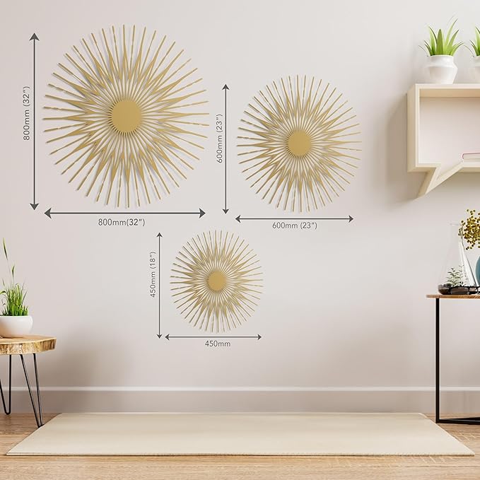 NEODECO Single Sun Metal Wall Art, Geometric Sun Decor, Metallic colors, Large 3D wall sculpture, model A (Gold, Small)