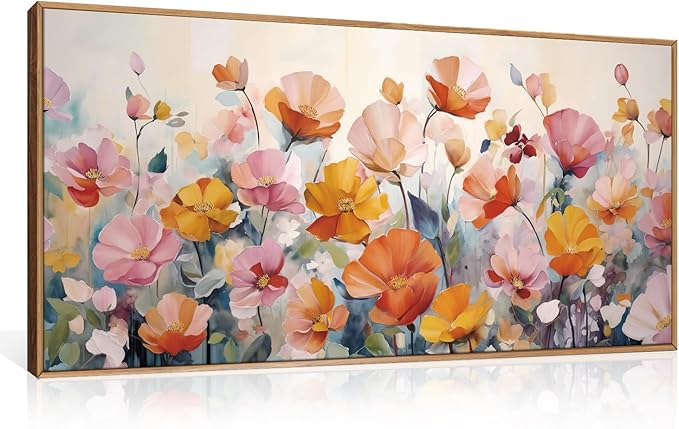 Nature Pink Floral Framed Canvas Wall Art Set,Boho Colorful Wildflowers Botanical Wall Decor, Modern Aesthetic Bohemian Flowers Art Print for Living Room,Bedroom-20 x40