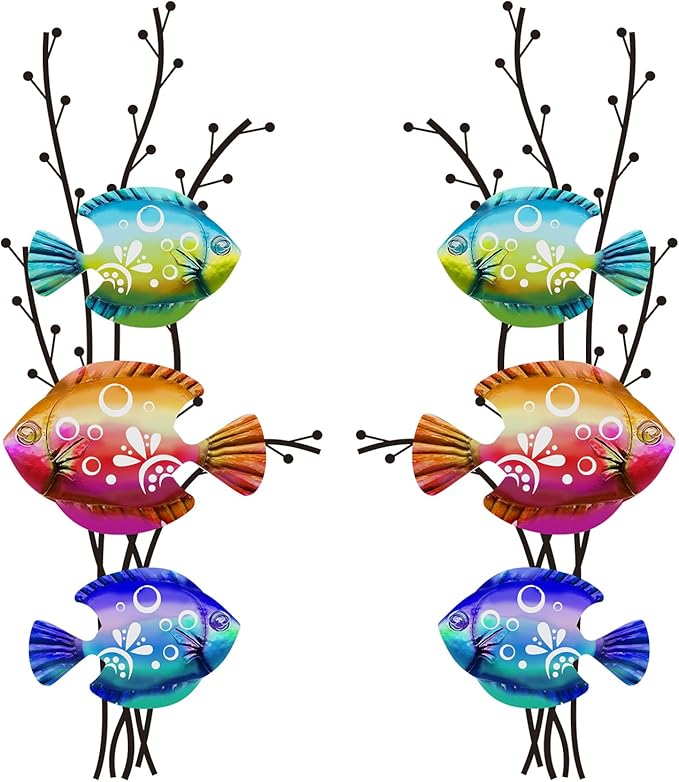 Landhoow 2 Pcs Coastal Wall Decor Metal Fish Wall Art Beach Ocean Sea Tropical Fish Art Nautical Hanging Sculpture for Summer Party Favor Indoor Outdoor Bedroom Living Room Kitchen