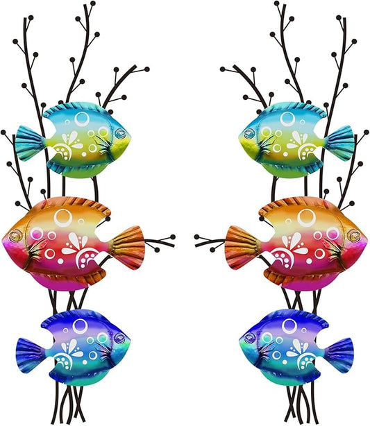 Landhoow 2 Pcs Coastal Wall Decor Metal Fish Wall Art Beach Ocean Sea Tropical Fish Art Nautical Hanging Sculpture for Summer Party Favor Indoor Outdoor Bedroom Living Room Kitchen