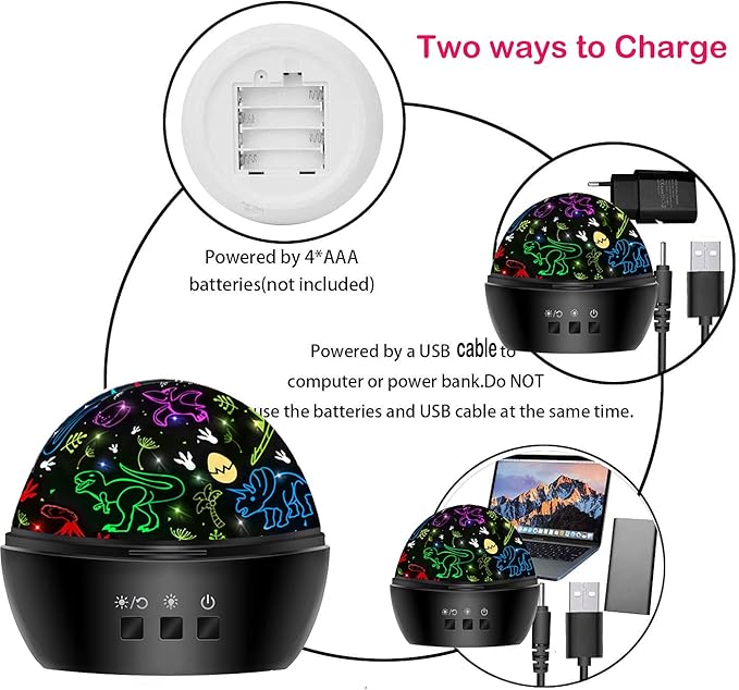 MINGKIDS Night Light for Kids,2 in 1 Rotating Projector Lamp with Dino&Vehicles Theme,2 Ways to Charge,Baby Night Light Ceiling Projector for Bedroom Kids Room Decor