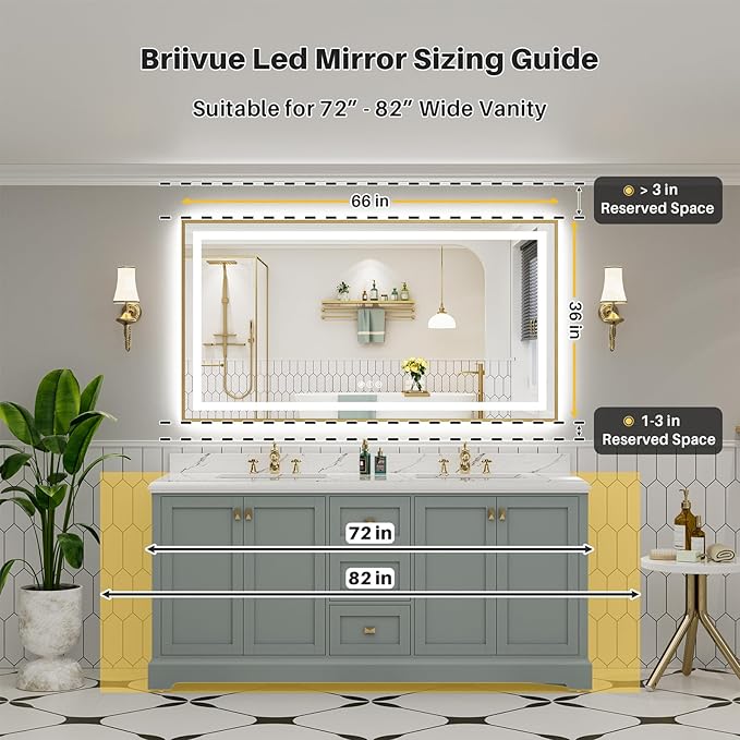 66x36 Inch LED Bathroom Mirror with Gold Frame, Backlit & Front Lit, Anti-Fog Lighted Bathroom Vanity Mirror for Wall, Memory Function, Dimmable, HD Tempered Glass, Shatter-Proof