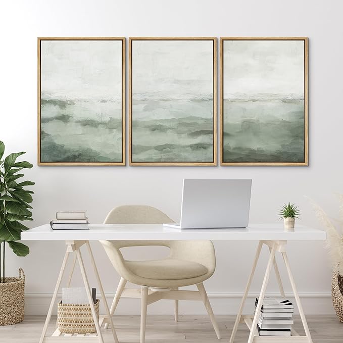 MUDECOR Framed Canvas Print Wall Art Sage Green Abstract Prints Minimalist Modern Wall Art Decor for Bedroom - 24"x36"x3 Natural