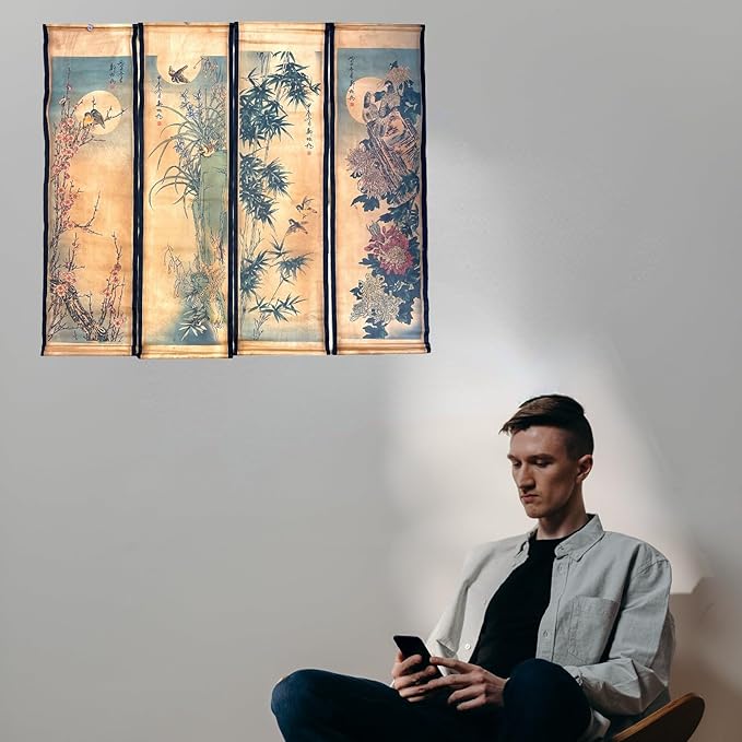 CIFIBIFUN Wall Asia Art Prints Posters Painting Eastern Bird Plants Flower Vintage Style,4 Panels Large Floral Home Walls Foldable Decor (Super Old Aging Paper, A Plants Birds)