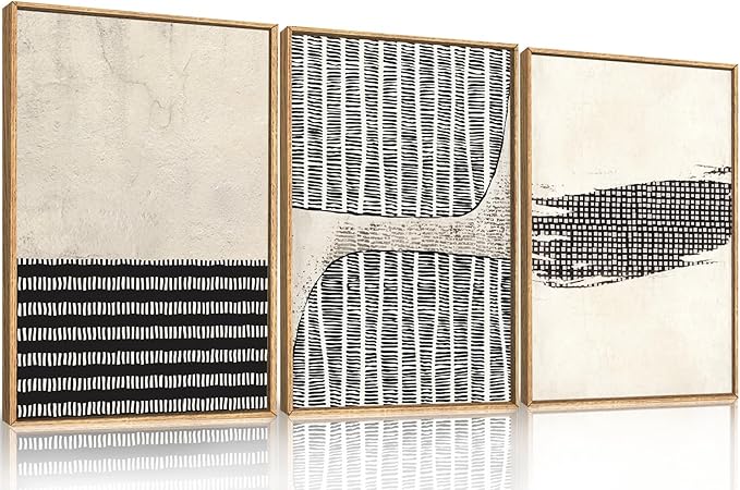 Large Abstract Black and Beige Framed Canvas Wall Art,Minimalist Dots Lines Wall Decor,Modern Geometric Shapes Artwork,Cozy Neutral Art Print for Living Room,Bedroom,Office,Home-16"x24"x3
