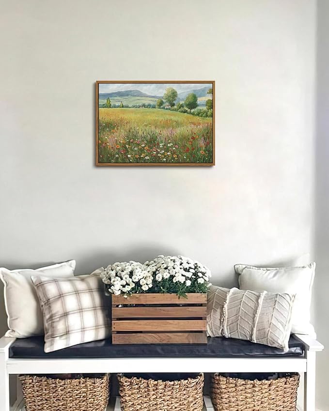 KISSFOX Vintage Landscape Canvas Wall Art Spring Farmhouse Colorful Wildflower Field Framed Wall Art Natural Countryside Cottagecore Paintings Artwork Rustic Art Prints For Bedroom Living Room