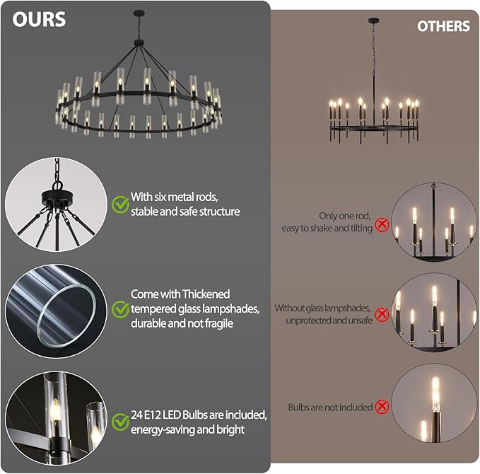 Black Wagon Wheel Chandelier 70 Inch, Large Chandeliers for High Ceilings, 24-Light Chandelier with Glass Shade, Modern Farmhouse Chandeliers for Living Room, Dining Room and Foyer(24 Bulbs Included)