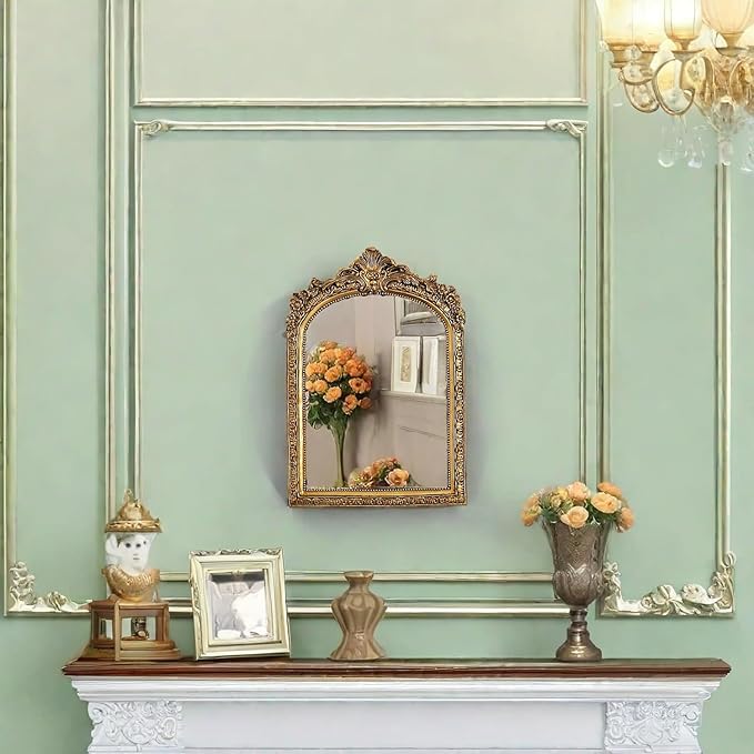 11” x 9.5” Small Gold Vintage Wall Mirror, Antique Gold Resin Baroque, Decorative Hanging & Tabletop