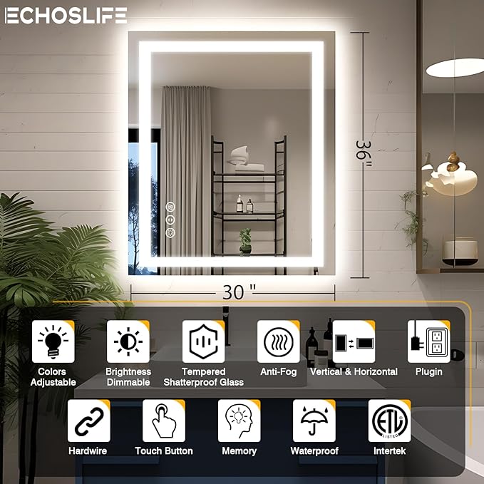 30"x36" LED Bathroom Mirror with Lights, Front and Backlit Mirror, Anti-Fog Vanity Mirror with Lights, Stepless Dimmable LED Mirror, 3 Colors Smart (Horizontal/Vertical)