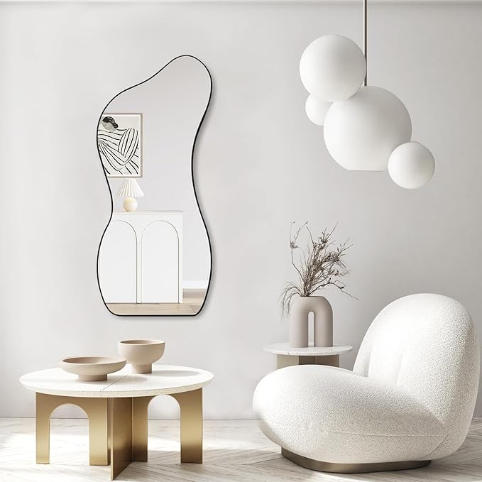 Large Irregular Wall Mirror 47.2"x22", Unique Shaped Black Asymmetrical Mirror, Modern Oblong Wavy Mirror, Cloud Mirror for Living Room,Bathroom,Entryway,Dining Room