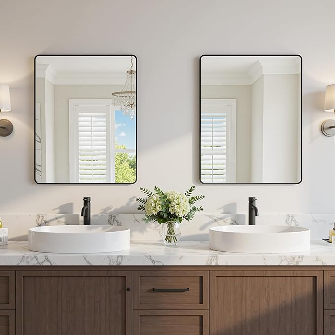 Antok 2PCS Wall Mirror, 22"x30" Bathroom Vanity Mirror, Anti-Rust HD Tempered Glass, Wall Mounted Mirrors for Living Room, Entryway, Black Frame, Rect