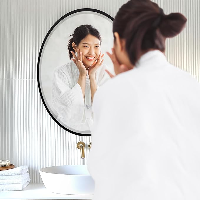 OVALCREST - Oval Wooden Beveled Wall Mirror for Home Decor, Bathroom, Vanity, Bedroom, Living Room, Hallway - London Style (Matte Black) 25.1 x 19.1