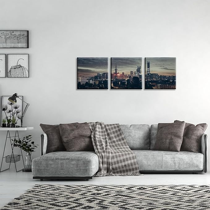 NAN Wind 3Pcs Modern Shanghai Skyline Canvas Wall Art Dusk City Panorama Print Oriental Pearl Tower Night Scene Artwork Living Room Office Decor Black Grey Gold Urban Photography Print on Canvas Decor