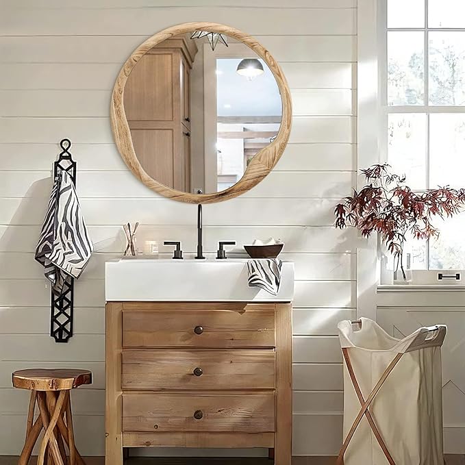 AOAOPQ Wooden Wall Mirror for Bathroom Rustic Farmhouse Vanity Mirror Décor Wall Art Solid Wood Frame Hanging 24 inch Beige