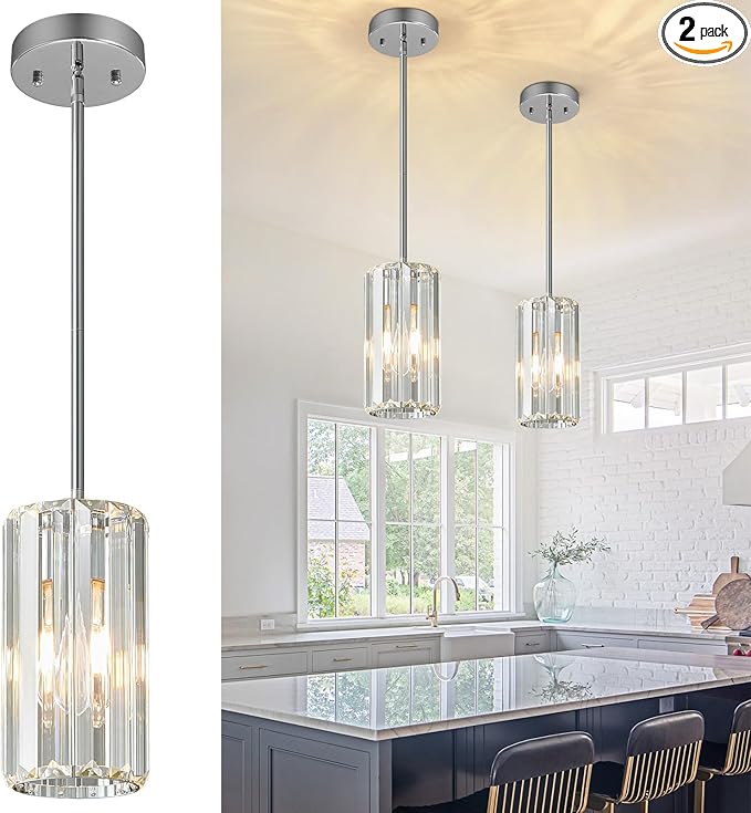 Chrome Pendant Lighting Modern Pendant Light Mini Crystal Chandeliers Adjustable Pendant Light Fixture for Kitchen Island Dinning Room Corridor Bedroom(Chorme 2-Pack)