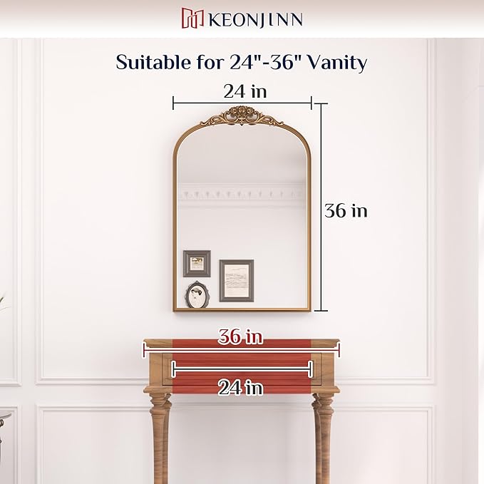 Keonjinn Vintage Mirror Gold 24" x 36", Arched Decorative Mirrors for Wall Decor, Antique Mirrors Bathroom, Ornate Baroque Brass Mirror for Mantle, Entryway, Living Room, French Cleat Mounting