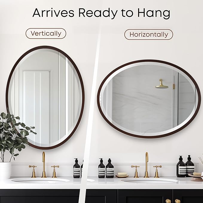 OVALCREST - Oval Wooden Beveled Wall Mirror for Home Decor, Bathroom, Vanity, Bedroom, Living Room, Hallway - London Style (Black Walnut) 25.1 x 19.1