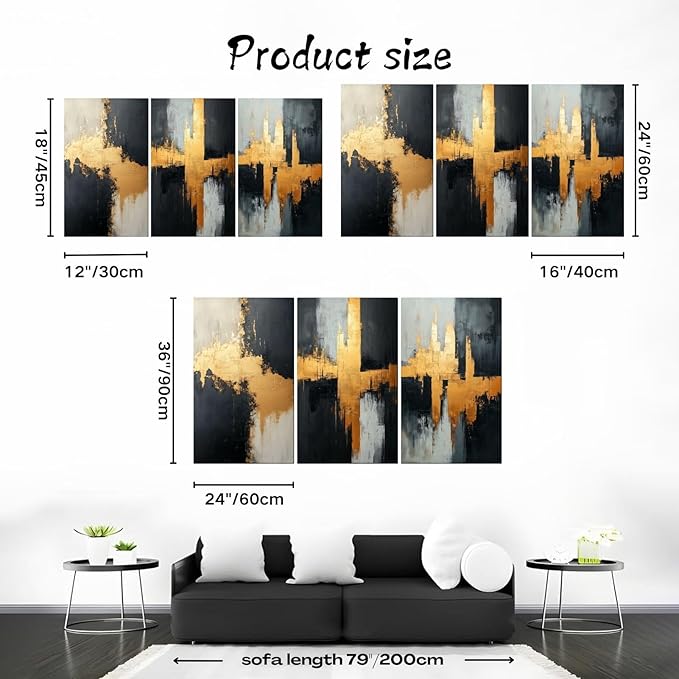 Loitspo Abstract Painting Canvas Wall Art, Black Gold Abstract Wall Art, Simple Geometric Picture Painting, Minimalist Art Pictures for Living Room Bedroom (24" x 36" x 3pc)