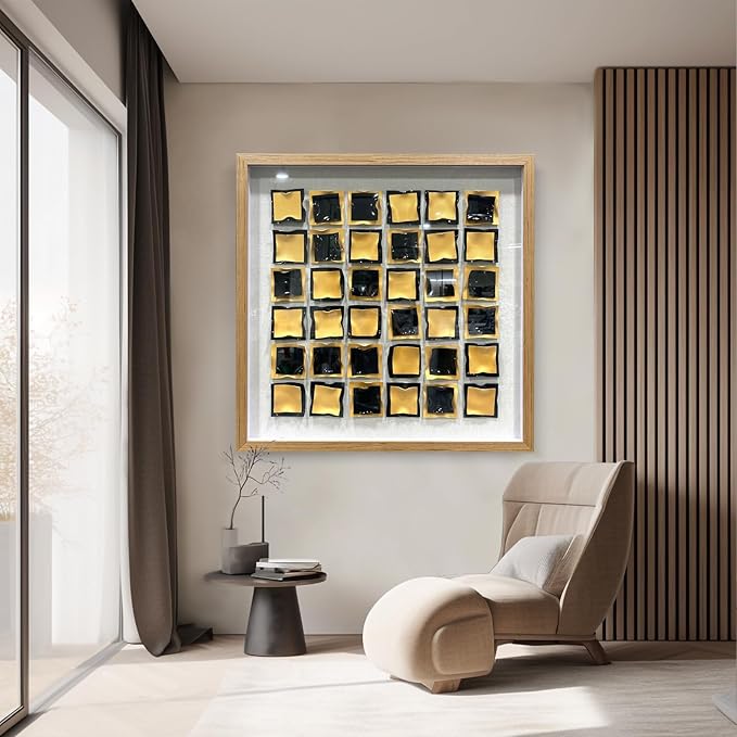 BrightA Black and Gold 3D Wall Art with Textured Grid Design Handcrafted Acrylic Panels in Solid Wood Frame, Modern Abstract Sculpture for Contemporary Living Room Office 31.5"x31.5"
