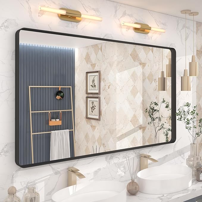 50x30 Inch Black Framed Bathroom Mirror for Wall, Black Metal Framed Mirror, Rounded Rectangle Bathroom Vanity Mirror, Anti-Rust, Shatterproof (Horizontal/Vertical)