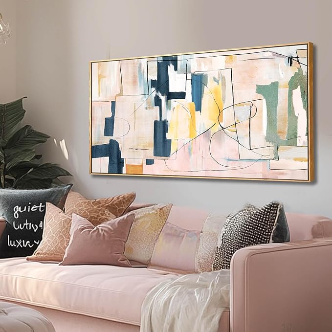 Artexist Large Abstract Canvas Wall Art Pink Painting Yellow Bedroom Decor Navy Art Photo Prints Minimalist Pictures Poster Artwork 20"x40"