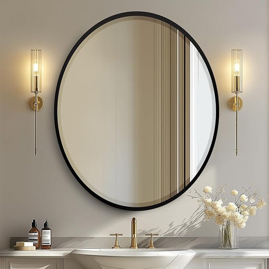OVALCREST - Oval Wooden Beveled Wall Mirror for Home Decor, Bathroom, Vanity, Bedroom, Living Room, Hallway - London Style (Matte Black) 25.1 x 21.1