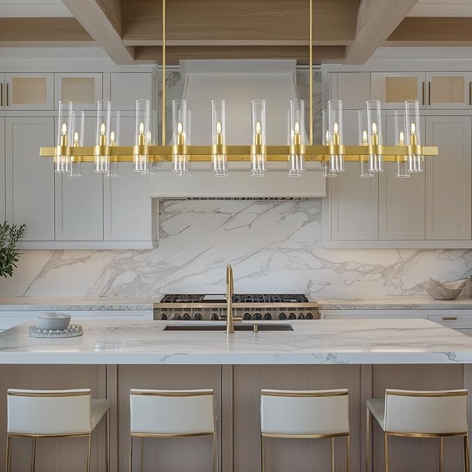 Modern Gold Linear Chandelier for Dining Room, 68'' Rectangular Dining Chandeliers Over Dining Table 20 Light, Linear Chandelier Lighting Fixture with Glass over Kitchen Island, Includes Bulbs