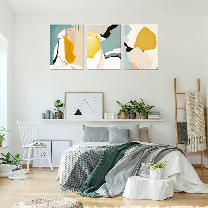Abstract Wall Art Set of 3 – Modern Mid Century Canvas poster Prints with Geometric Shapes, Minimalist Yellow Teal Beige Artwork for Living Room, Bedroom, Office, Bathroom Wall Décor,Frame 12x16in