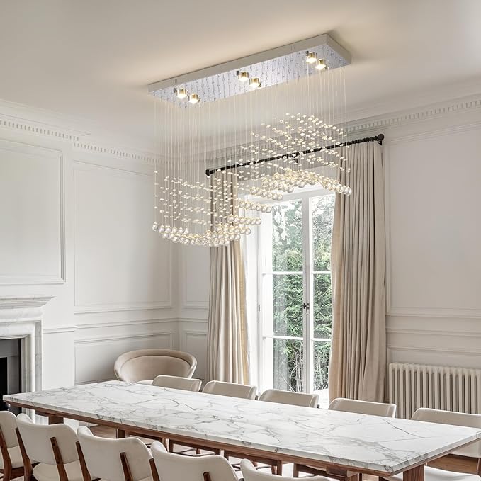 Modern Silver Crystal Raindrop Chandelier: 31.5" Rectangle Dimmable Lighting with Remote - Contemporary Chrome Wave Ceiling Light for Kitchen Dining Room Living Room Staircase Foyer Entryway Bedroom