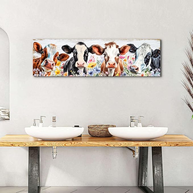 Country Cow Canvas Wall Art Kitchen Wall Decor Vintage Funny Cattle Flowers Picture Prints Rustic Farmhouse Painting Framed Colorful Wildflower Poster for Living Room Bedroom Decorations 14x48"