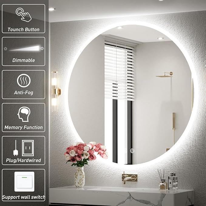 32 Inch Round LED Bathroom Mirror - 6000K Daylight Backlit, Anti-Fog & Dimmable, Frameless Waterproof Mirror with Touch Control, CRI90+, IP54 for Vanity & Makeup