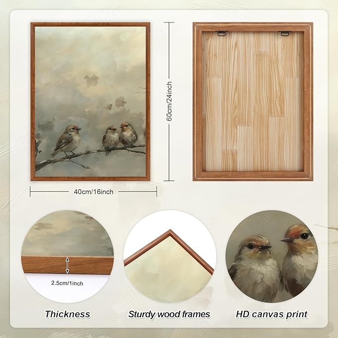 LHIUEM Large Cute Birds Framed Canvas Wall Art Set of 3(16X24in) Nature Inspired Bird Botanical Wall Decor,Big Vintage Branch Bird Painting,Natural Landscape Animal Art Prints for Living Room Bedroom