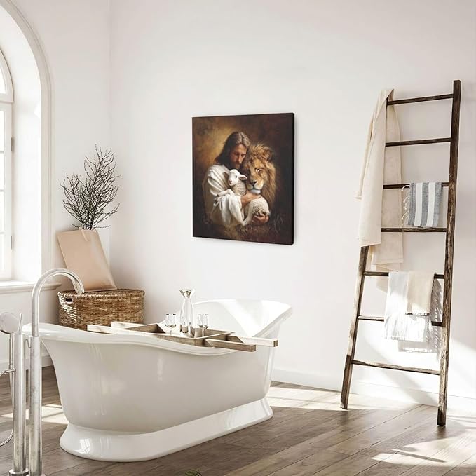 Jesus Lion Lamb Wall Art Christian Jesus Wall Decor Lion of Judah Pictures Religious God Canvas Painting Print Christ Artwork Decoration for Living Room Bedroom Church Framed Gifts 20”X24”